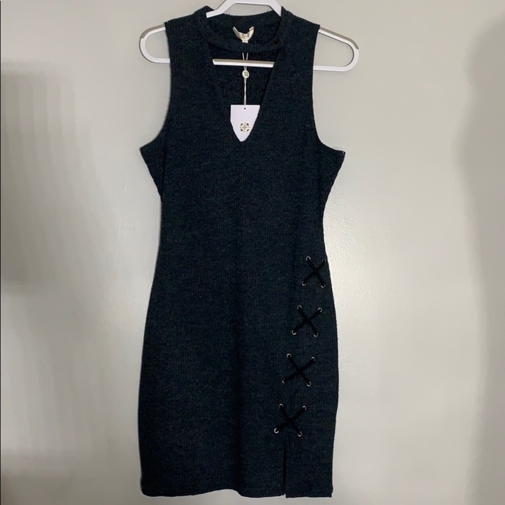 Wayf fitted ribbed knit lace up Mini Dress Stitch grey cotton large women’s